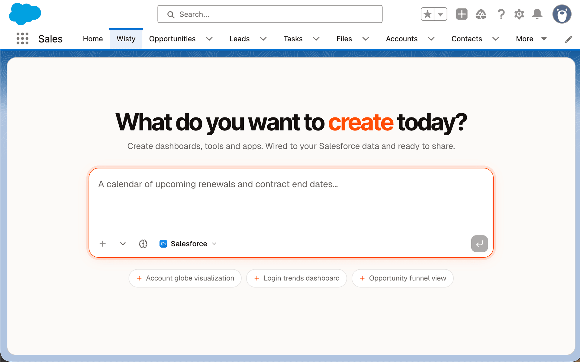 The Wisty composer inside Salesforce, where users describe the app they need
